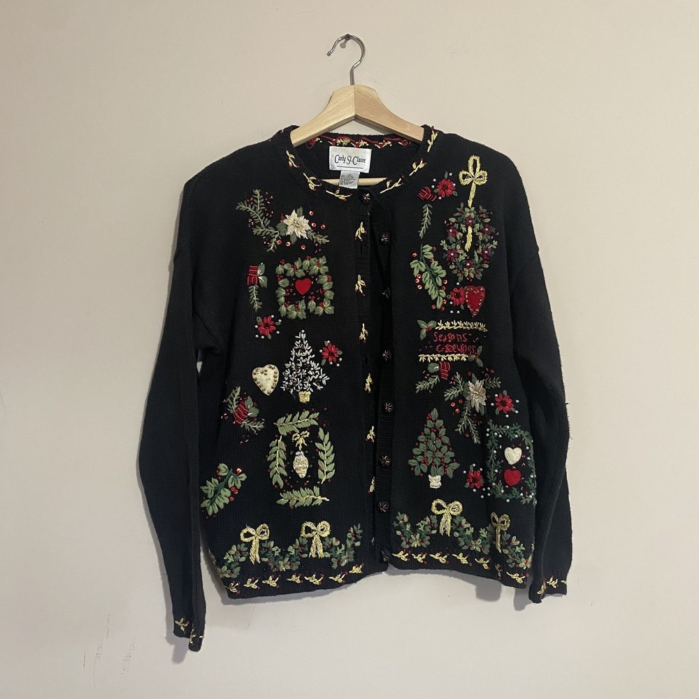 Carly St Claire Sweater Womens Medium Christmas Cardigan Embroidered Festive